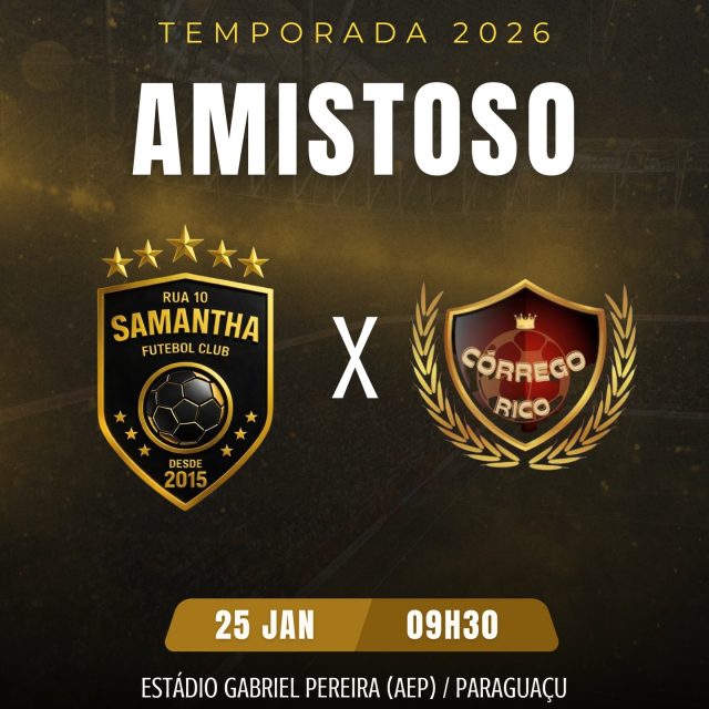 ⚽🔥 COMEÇA UMA NOVA JORNADA! 🔥⚽

O ano é novo, a vontade é a mesma e o foco já está em 2026!
A Samantha F.C. entra em campo para seu primeiro amistoso preparatório da temporada — é hora de ajustar, testar e manter a identidade dentro das quatro linhas. 💪❤️🤍

🆚 Samantha F.C x Córrego Rico
🗓 Domingo, 25/01
⏰ 09h30
📍 Estádio da AEP

Cada jogo é um passo.
Cada minuto em campo conta.
Que comece a preparação! 🔥⚽

👊 Contamos com a nossa torcida!
